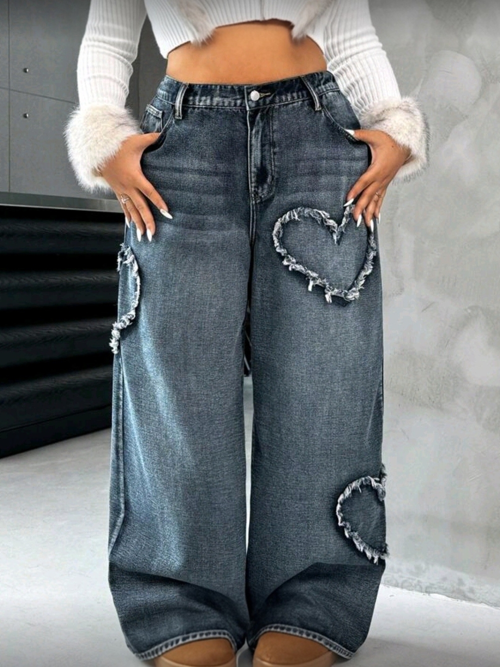 Unique SHEIN ICON Heart Patched Wide Leg Jeans - Medium Wash - Plus Size 14 1XL